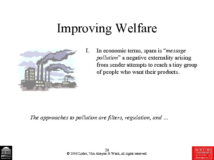 Improving Welfare I. In economic terms, spam is “message pollution” a negative externality arising