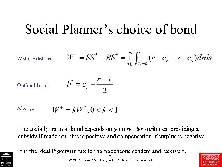 Social Planner’s choice of bond Welfare defined: Optimal bond: Always: The socially optimal bond