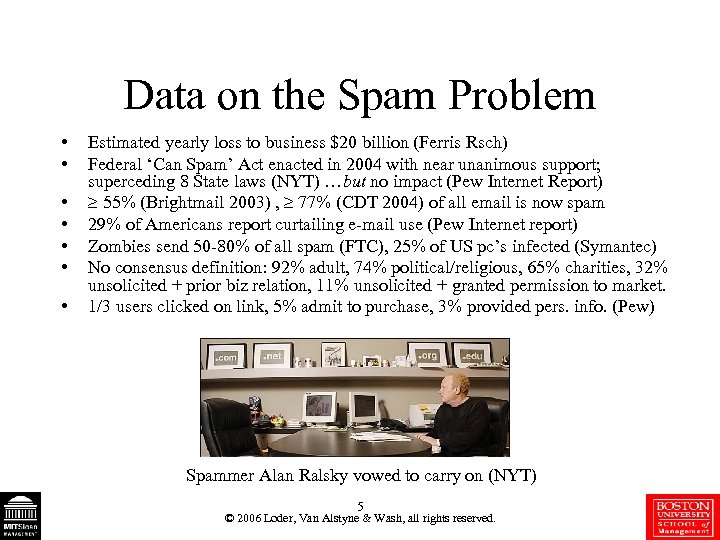 Data on the Spam Problem • • Estimated yearly loss to business $20 billion