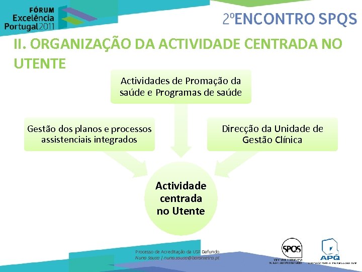 II. ORGANIZAÇÃO DA ACTIVIDADE CENTRADA NO UTENTE Actividades de Promação da saúde e Programas