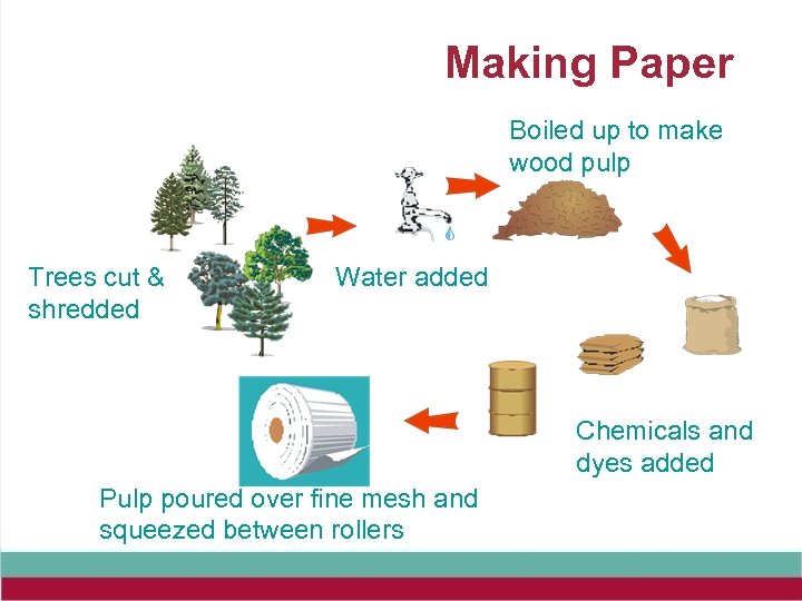 Making Paper Boiled up to make wood pulp Trees cut & shredded Water added