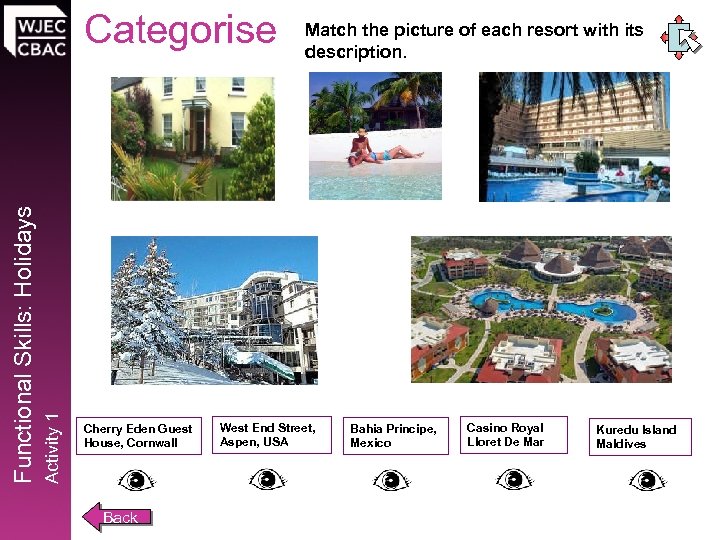 Activity 1 Functional Skills: Holidays Categorise Cherry Eden Guest House, Cornwall Back Match the