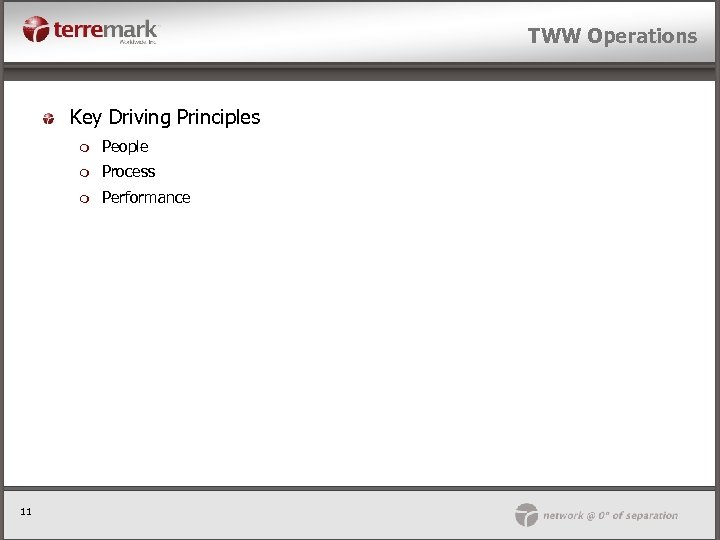 TWW Operations Key Driving Principles m m Process m 11 People Performance 