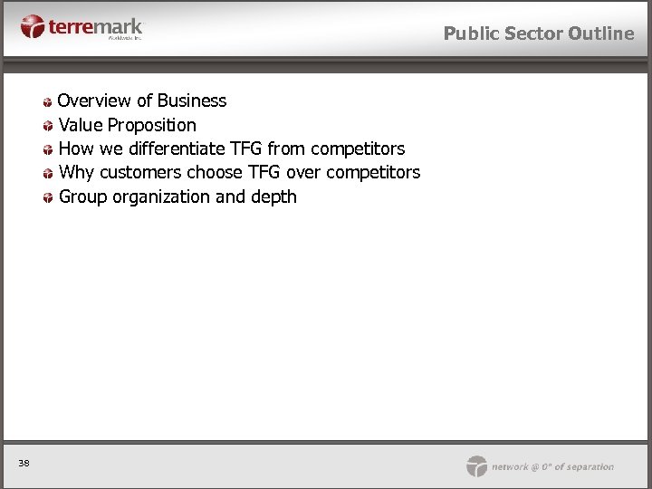 Public Sector Outline Overview of Business Value Proposition How we differentiate TFG from competitors