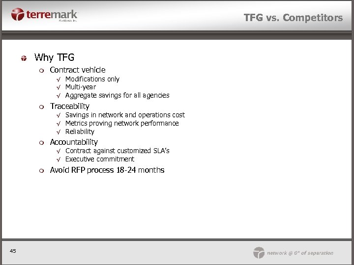 TFG vs. Competitors Why TFG m Contract vehicle √ √ √ m Traceability √