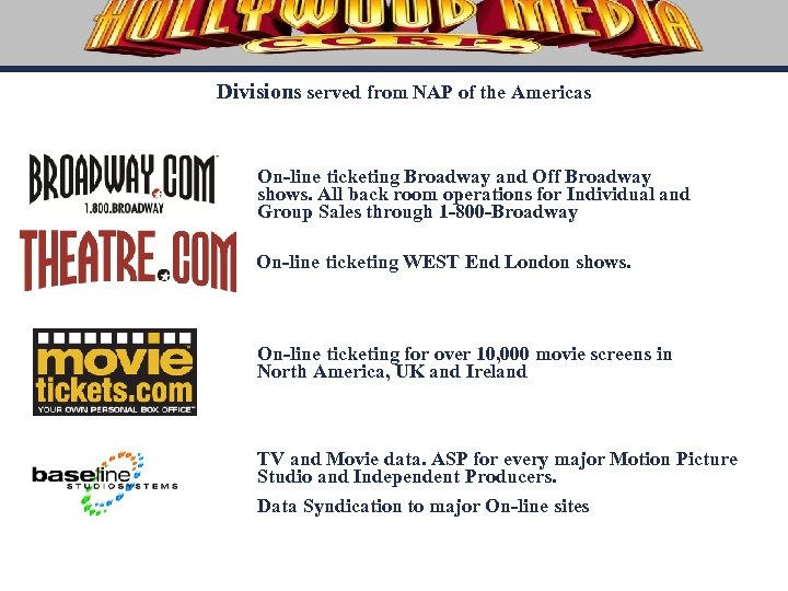 Divisions served from NAP of the Americas On-line ticketing Broadway and Off Broadway shows.