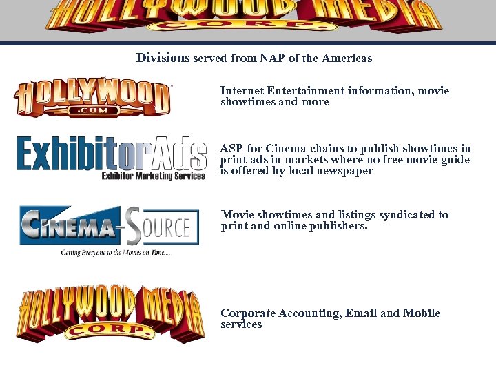 Divisions served from NAP of the Americas Internet Entertainment information, movie showtimes and more