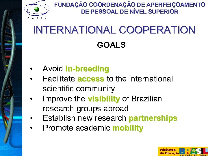 FUNDAÇÃO COORDENAÇÃO DE APERFEIÇOAMENTO DE PESSOAL DE NÍVEL SUPERIOR INTERNATIONAL COOPERATION GOALS • •