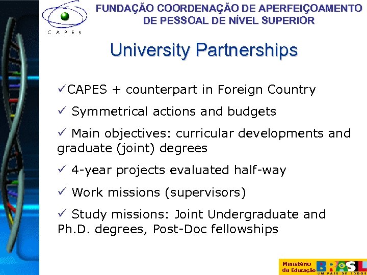 FUNDAÇÃO COORDENAÇÃO DE APERFEIÇOAMENTO DE PESSOAL DE NÍVEL SUPERIOR University Partnerships üCAPES + counterpart