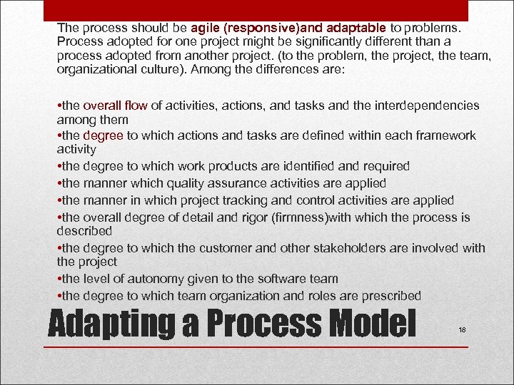 The process should be agile (responsive)and adaptable to problems. Process adopted for one project