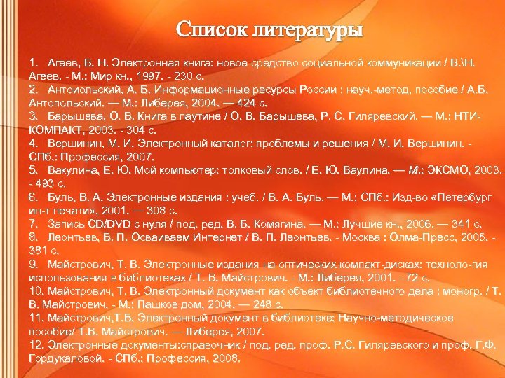 1. Агеев, В. Н. Электронная книга: новое средство социальной коммуникации / В. Н. Агеев.
