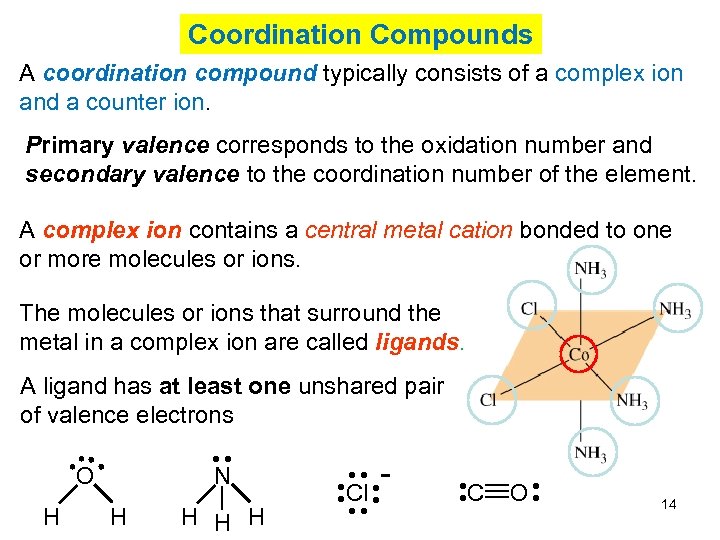 Coordination Compounds A coordination compound typically consists of a complex ion and a counter