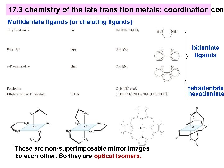 17. 3 chemistry of the late transition metals: coordination com Multidentate ligands (or chelating