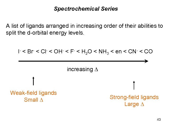 Spectrochemical Series A list of ligands arranged in increasing order of their abilities to