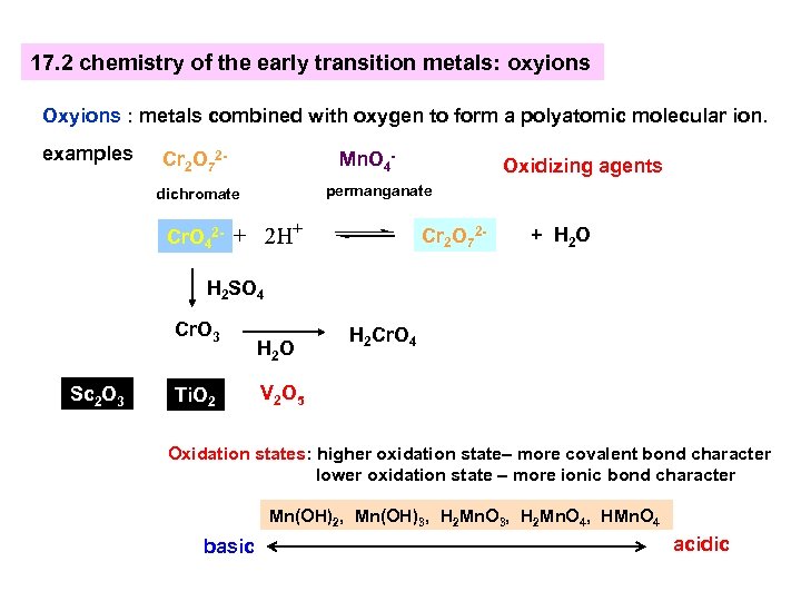 17. 2 chemistry of the early transition metals: oxyions Oxyions : metals combined with