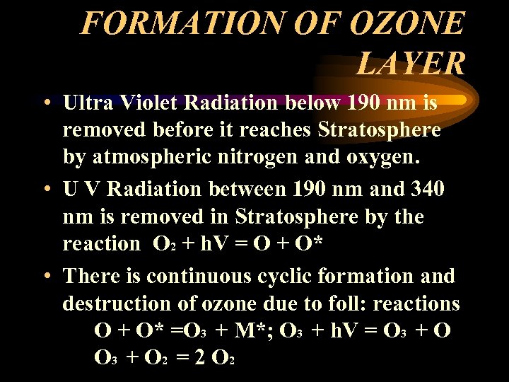 FORMATION OF OZONE LAYER • Ultra Violet Radiation below 190 nm is removed before