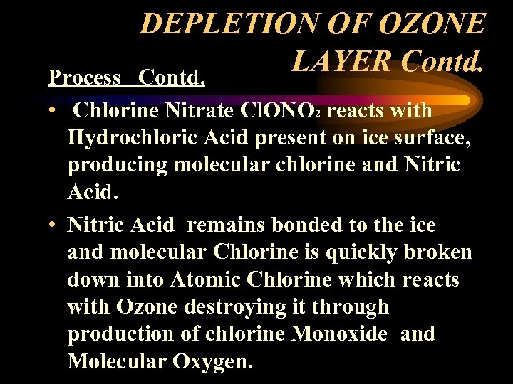 DEPLETION OF OZONE LAYER Contd. Process • Chlorine Nitrate Cl. ONO 2 reacts with