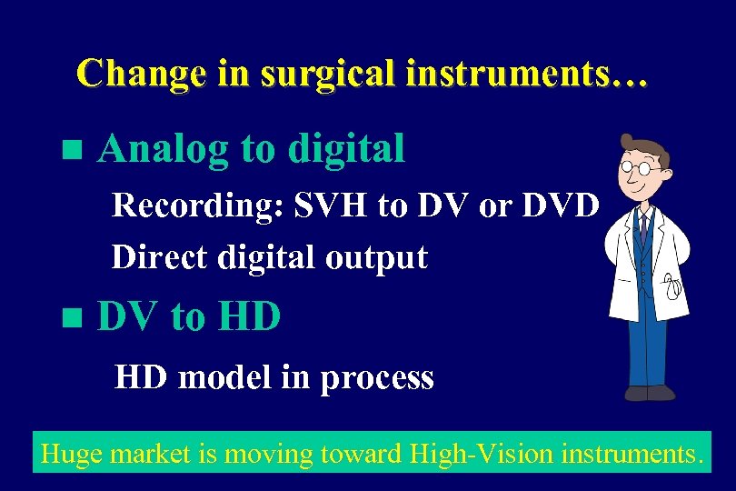 Change in surgical instruments… n Analog to digital Recording: SVH to DV or DVD