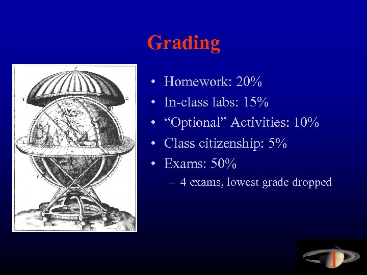 Grading • • • Homework: 20% In-class labs: 15% “Optional” Activities: 10% Class citizenship: