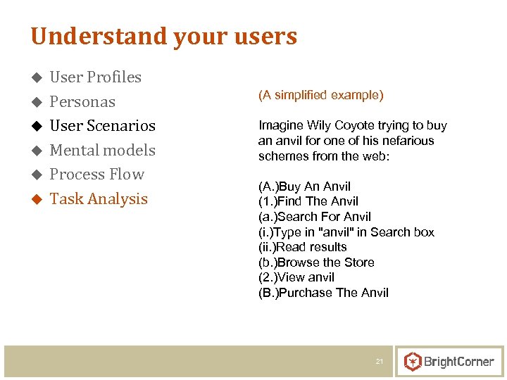 Understand your users u u u User Profiles Personas User Scenarios Mental models Process