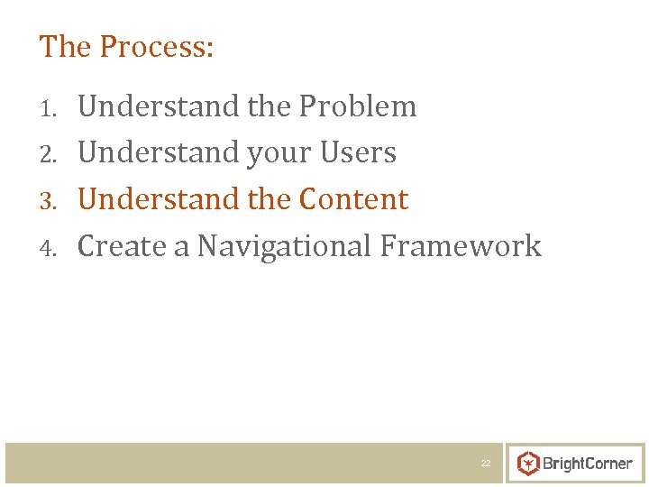 The Process: 1. 2. 3. 4. Understand the Problem Understand your Users Understand the