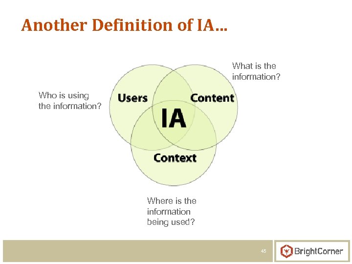 Another Definition of IA… What is the information? Who is using the information? Where