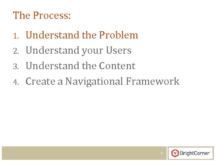 The Process: 1. 2. 3. 4. Understand the Problem Understand your Users Understand the