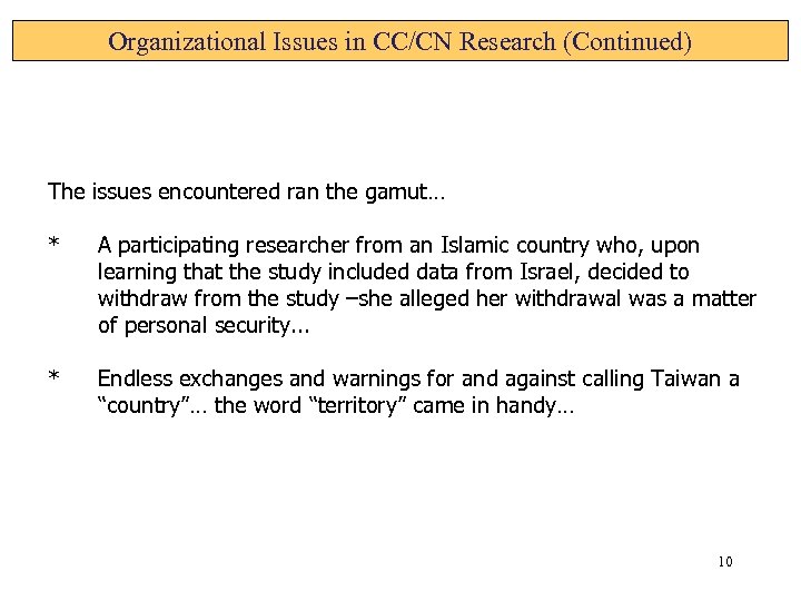 Organizational Issues in CC/CN Research (Continued) The issues encountered ran the gamut… * A