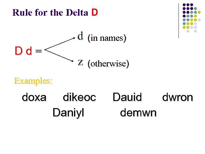 Rule for the Delta D d z Dd= (in names) (otherwise) Examples: doxa dikeoc