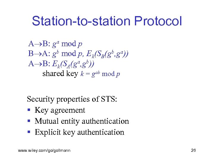 Station-to-station Protocol A B: ga mod p B A: gb mod p, Ek(SB(gb, ga))