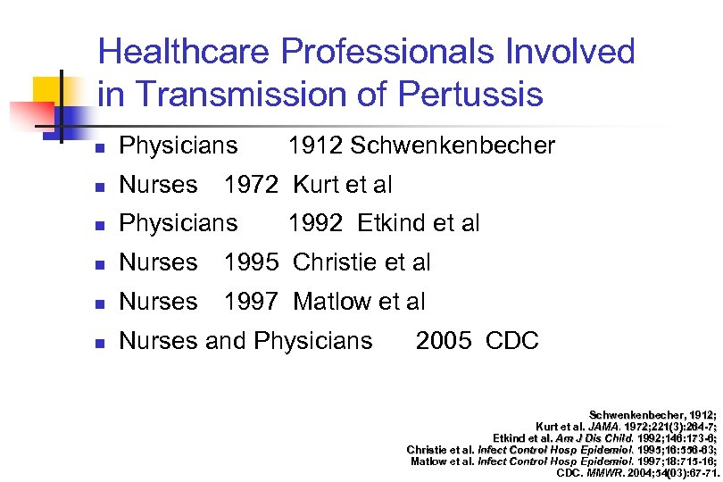 Healthcare Professionals Involved in Transmission of Pertussis n Physicians 1912 Schwenkenbecher n Nurses n