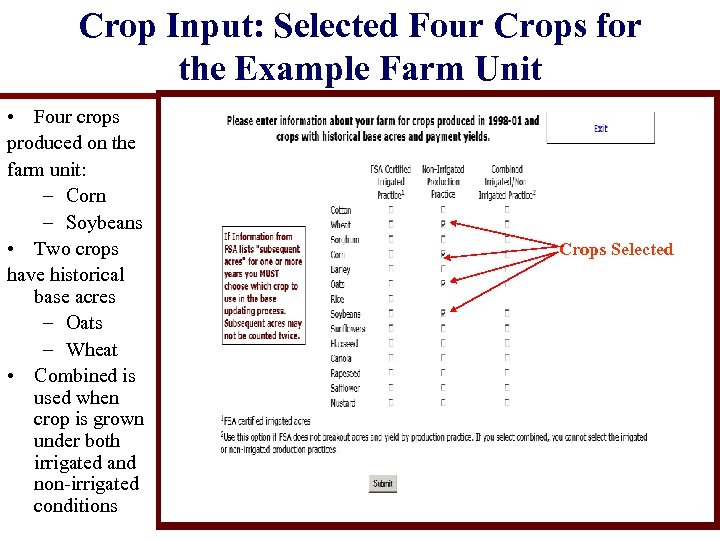 Crop Input: Selected Four Crops for the Example Farm Unit • Four crops produced