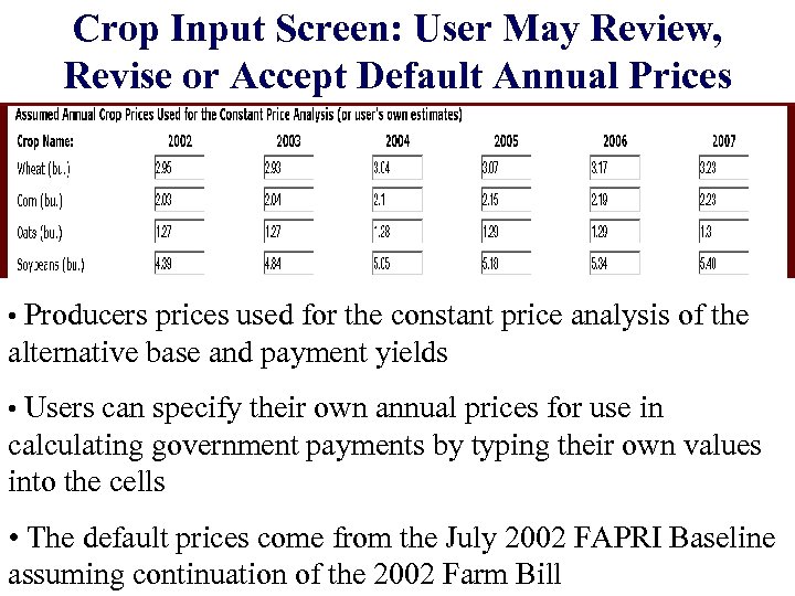 Crop Input Screen: User May Review, Revise or Accept Default Annual Prices • Producers