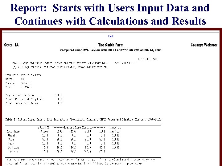 Report: Starts with Users Input Data and Continues with Calculations and Results 