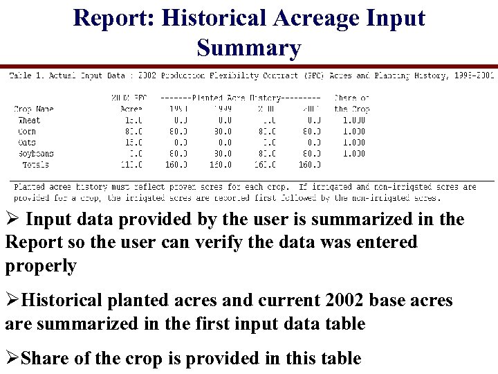 Report: Historical Acreage Input Summary Ø Input data provided by the user is summarized