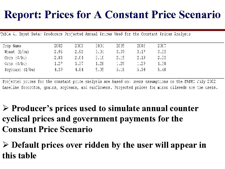 Report: Prices for A Constant Price Scenario Ø Producer’s prices used to simulate annual