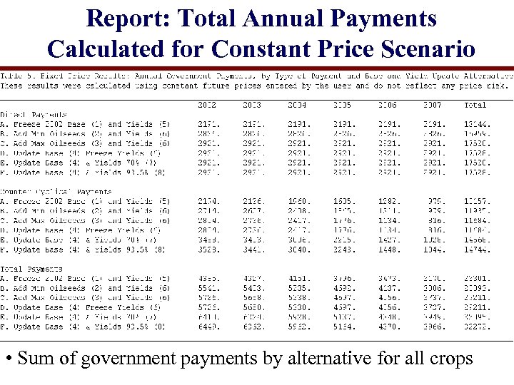 Report: Total Annual Payments Calculated for Constant Price Scenario • Sum of government payments