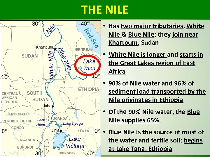 THE NILE • Has two major tributaries, White Nile & Blue Nile; they join