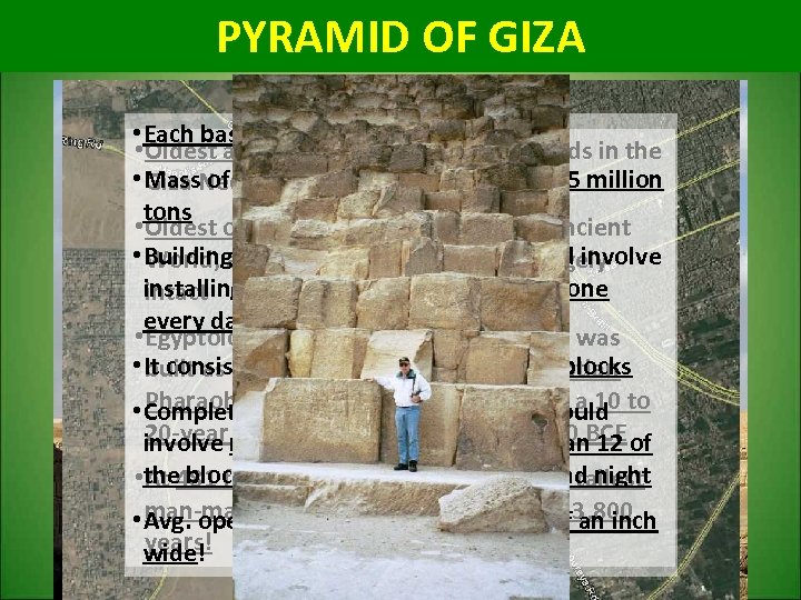 PYRAMID OF GIZA • Each base side is 755. 9 ft long • Oldest