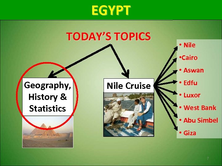 EGYPT TODAY’S TOPICS • Nile • Cairo • Aswan Geography, History & Statistics Nile