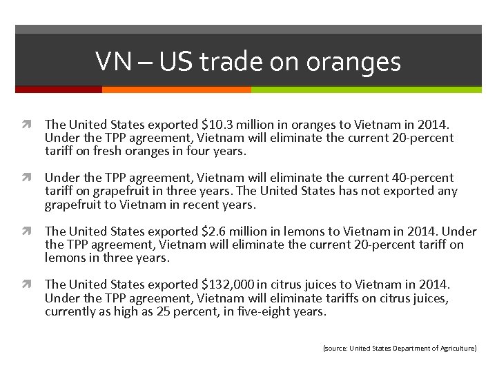 VN – US trade on oranges The United States exported $10. 3 million in