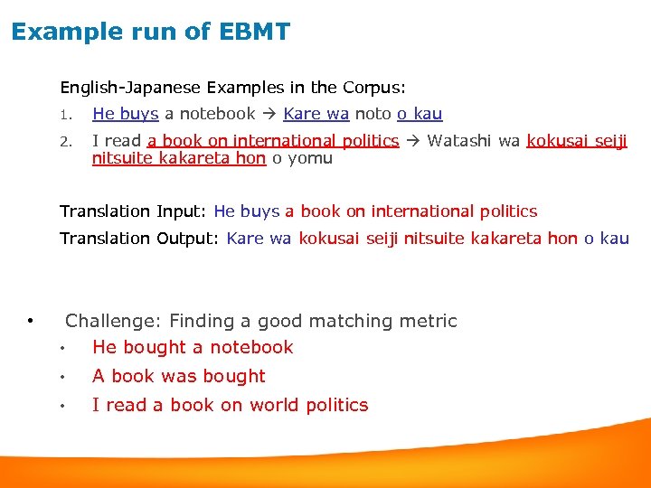 Example run of EBMT English-Japanese Examples in the Corpus: 1. He buys a notebook