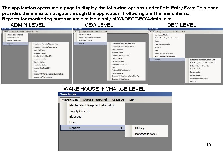 The application opens main page to display the following options under Data Entry Form
