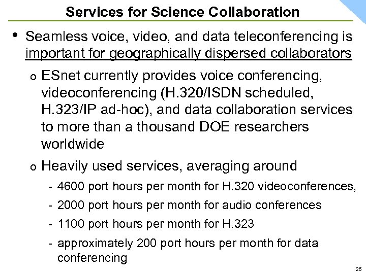 Services for Science Collaboration • Seamless voice, video, and data teleconferencing is important for