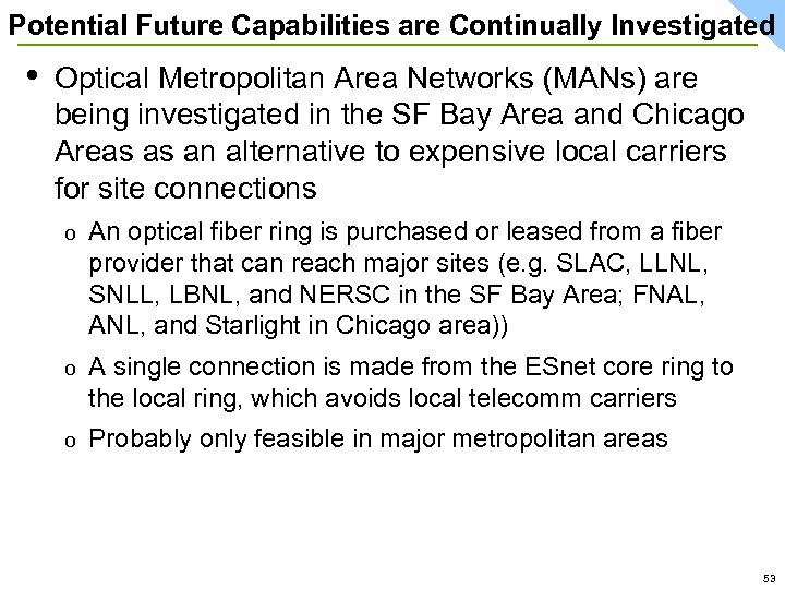 Potential Future Capabilities are Continually Investigated • Optical Metropolitan Area Networks (MANs) are being