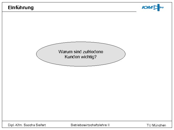 Einführung Warum sind zufriedene Kunden wichtig? Dipl. -Kfm. Sascha Seifert Betriebswirtschaftslehre II TU München
