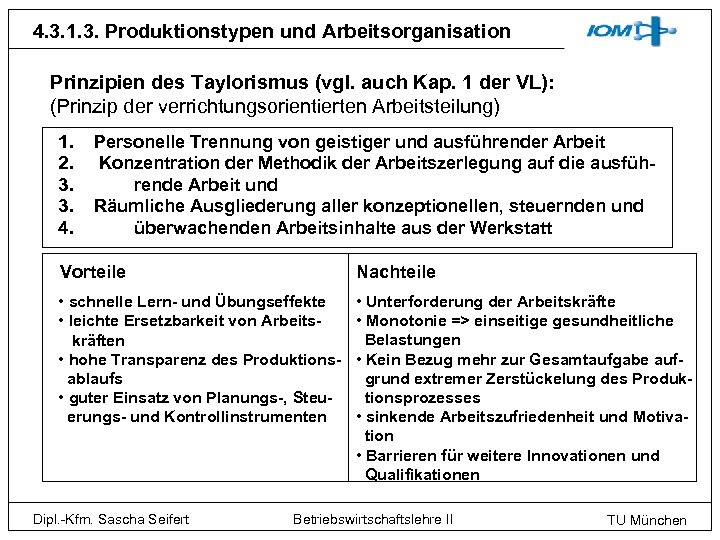 4. 3. 1. 3. Produktionstypen und Arbeitsorganisation Prinzipien des Taylorismus (vgl. auch Kap. 1