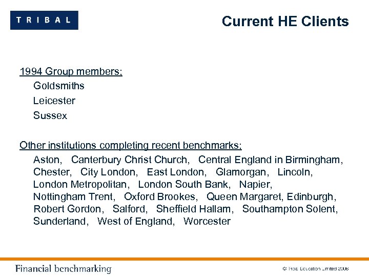 Current HE Clients 1994 Group members; Goldsmiths Leicester Sussex Other institutions completing recent benchmarks;