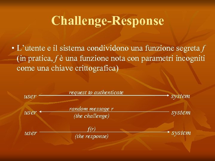 Challenge-Response • L’utente e il sistema condividono una funzione segreta f (in pratica, f