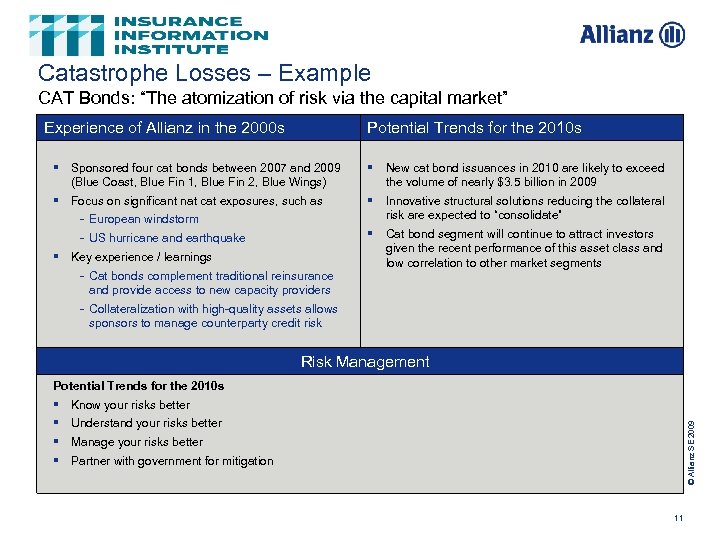 Catastrophe Losses – Example CAT Bonds: “The atomization of risk via the capital market”